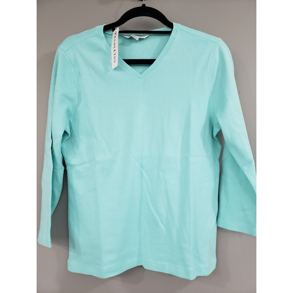 NEW BLUE SIZE MEDIUM Pendleton 100% Cotton 3/4 Sleeve Ladies Top Shirt VNECK